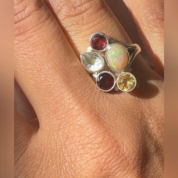 925 silver and natural Opal multi gemstone ring Adjustable Ring!! OS “VIBES” - Picture 9 of 16